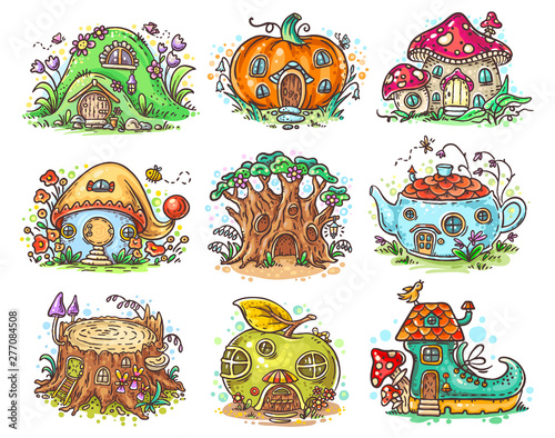 Cute cartoon elven, fairy or gnome houses in the form of pumpkin, tree, teapot, boot, apple, mushroom, stump