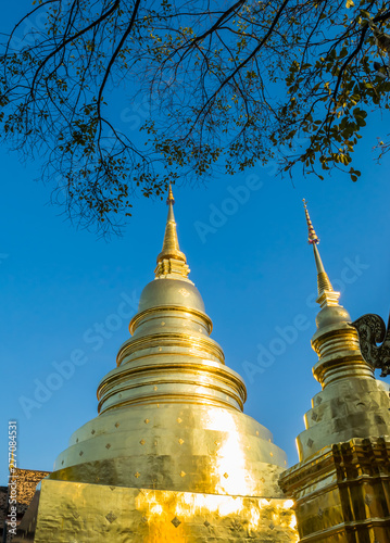 View of Wat Phra Singh with the golden pagoda, the popular historical landmark temple in Chiang Mai, Thailand