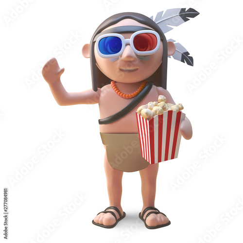 Native American Indian watches movie with 3d glasses and popcorn, 3d illustration photo