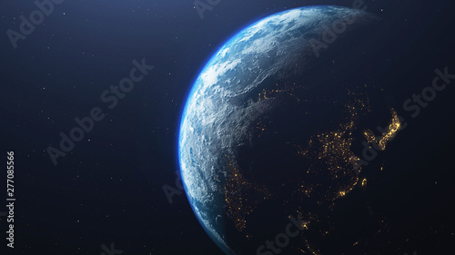 Fototapeta Naklejka Na Ścianę i Meble -  Earth from space with city lights in the night part , 3d rendering of planet Earth, elements of this image are provided by NASA