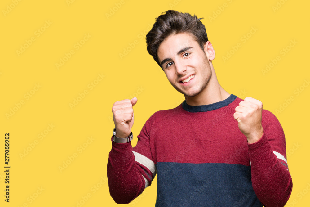 Young handsome man over isolated background very happy and excited doing winner gesture with arms raised, smiling and screaming for success. Celebration concept. Young handsome man over isolated background very happy and excited doing winner gesture with arms raised, smiling and screaming for success. Celebration concept.