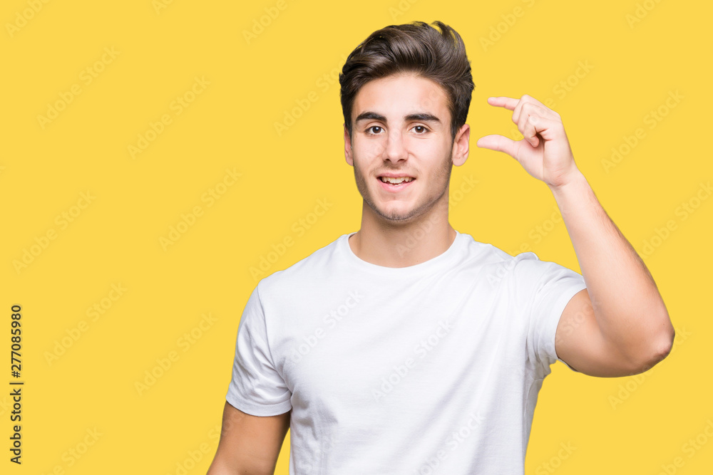 Young handsome man wearing white t-shirt over isolated background smiling and confident gesturing with hand doing size sign with fingers while looking and the camera. Measure concept. Young handsome man wearing white t-shirt over isolated background smiling and confident gesturing with hand doing size sign with fingers while looking and the camera. Measure concept.