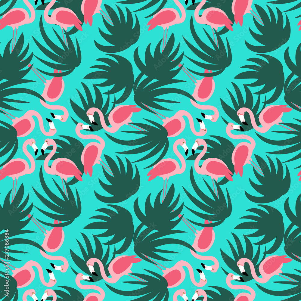 Naklejka premium two flamingos pink on blue background big green leaves seamless pattern illustration