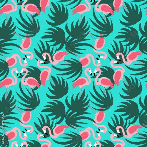  two flamingos pink on blue background big green leaves seamless pattern illustration