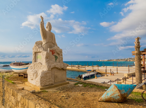 BYBLOS, LEBANON - NOVEMBER 5, 2017: Statue of the Lebanese expatriate near the port.