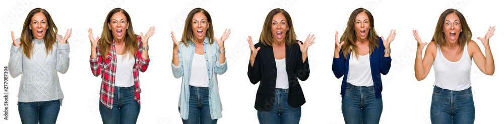 Collage of beautiful middle age woman over white isolated background celebrating crazy and amazed for success with arms raised and open eyes screaming excited. Winner concept