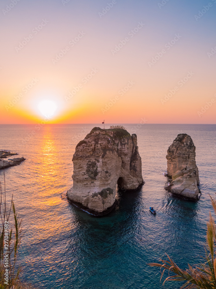 Naklejka premium Magical sunset on Raouche, Pigeons' Rock. In Beirut, Lebanon