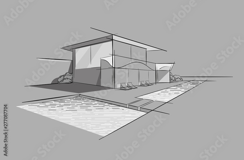 Beach house Real estate rental logo. Beachfront  Luxury villa. Home with swimming pool and sea view for weekend and holidays. Modern architecture Vacation building poster, hand drawn sketch, vector