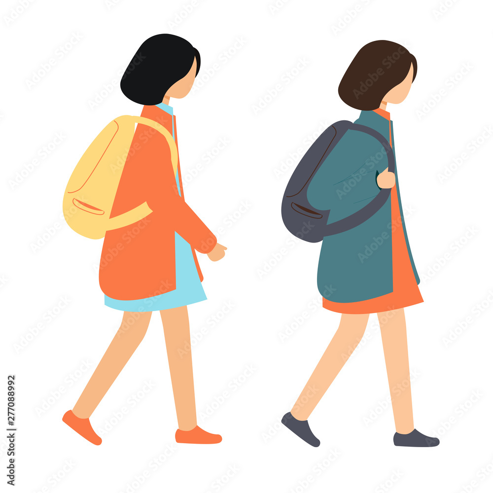 Two young girls with backpacks. Students go to study. Back to school. Two young girls with backpacks. Students go to study. Back to school.