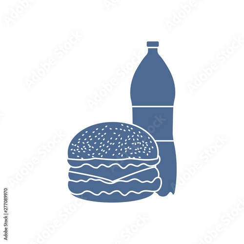 Burger and bottle of soda water.