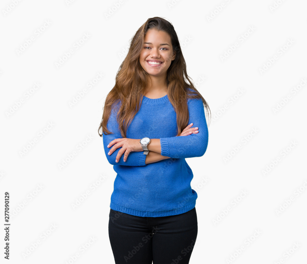 Young beautiful brunette woman wearing blue sweater over isolated background happy face smiling with crossed arms looking at the camera. Positive person. Young beautiful brunette woman wearing blue sweater over isolated background happy face smiling with crossed arms looking at the camera. Positive person.