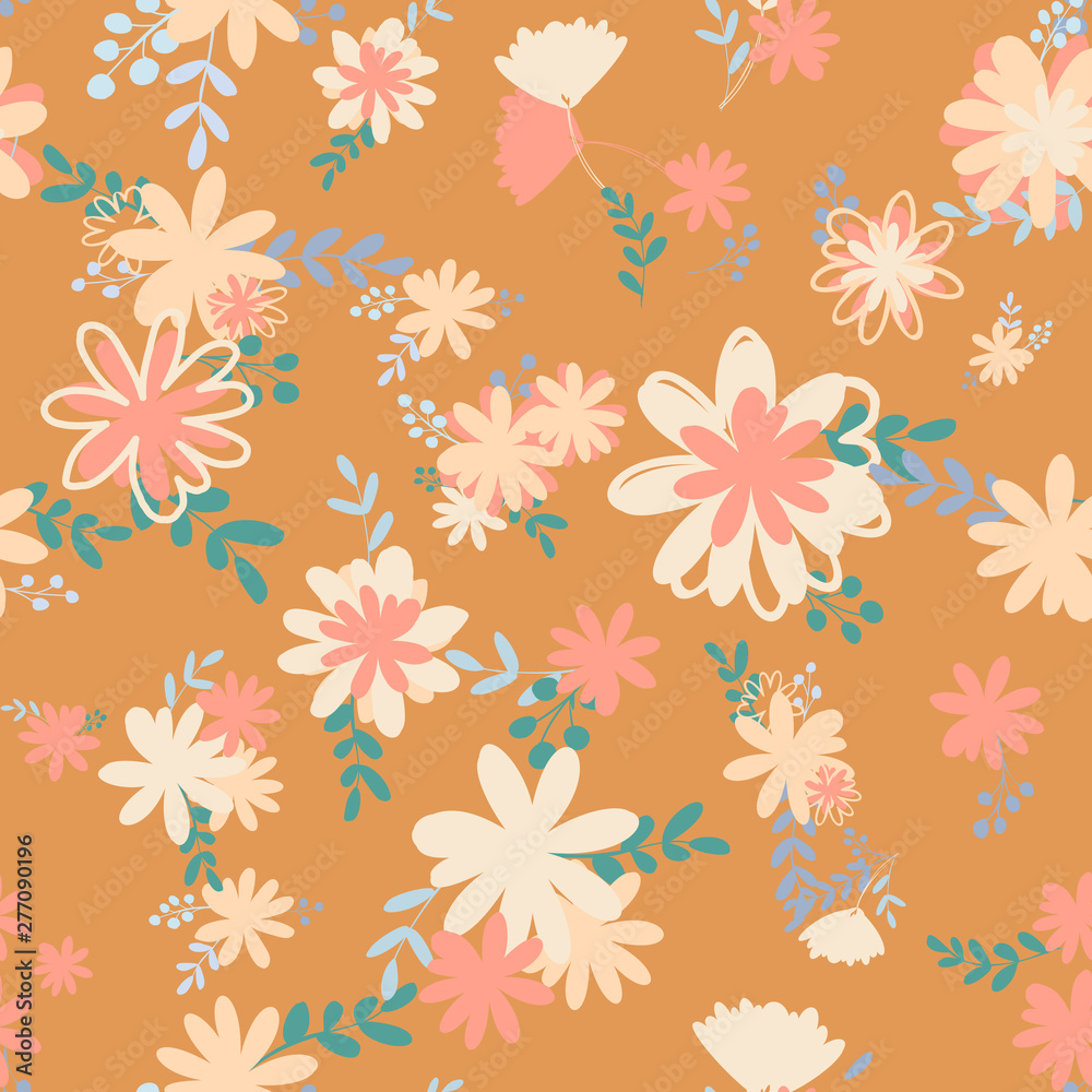 Retro beautiful pattern with simple foolproof flower botanical. Wild botanical garden bloom. Flower background. Spring floral surface pattern. Leaves illustration.