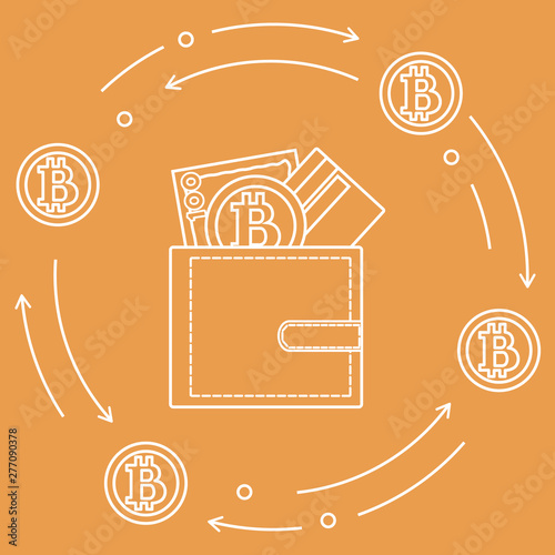 Purse with banknote, credit card and bitcoin.