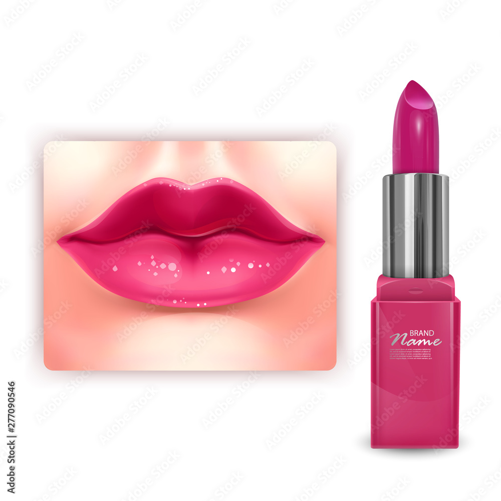 Fototapeta premium Bright Pink lipstick mockup, cosmetic package design in 3d illustration, Realistic vector