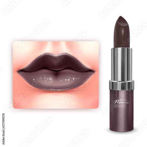 Brown lipstick mockup, cosmetic package design in 3d illustration, Realistic vector