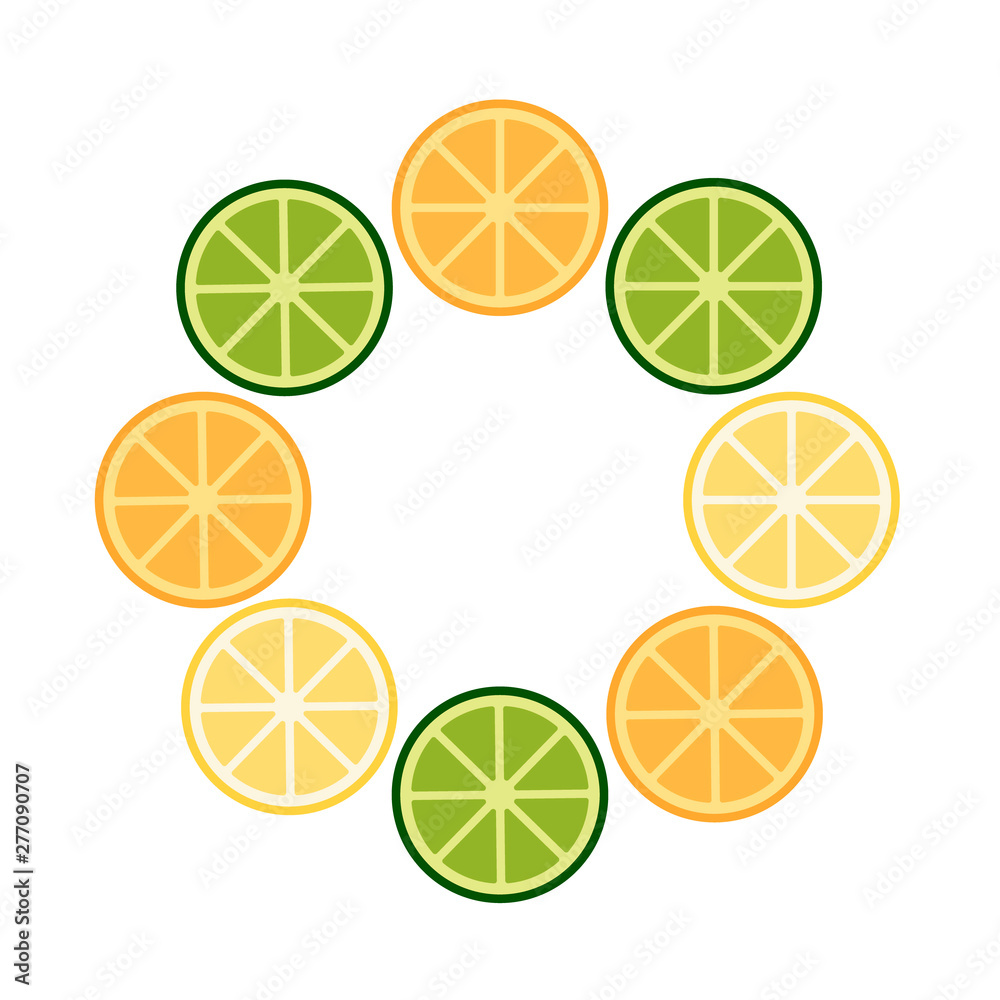 Round frame of lime, orange, lemon. Summer exotic food in flat style Round frame of lime, orange, lemon. Summer exotic food in flat style