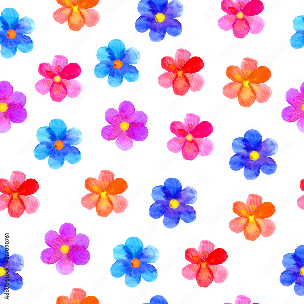 Seamless pattern with colorful flowers on white background. Hand drawn watercolor illustration. Fabric and paper design Seamless pattern with colorful flowers on white background. Hand drawn watercolor illustration. Fabric and paper design
