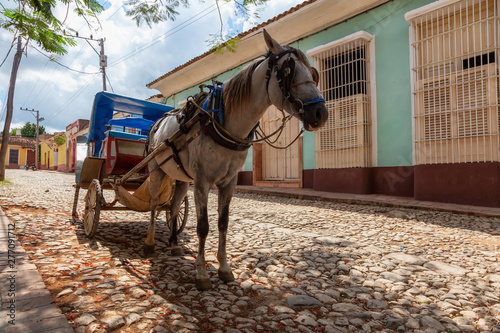 Fototapeta Naklejka Na Ścianę i Meble -  Horse Carriage in the streets of a small Cuban Town during a vibrant sunny day. Taken in Trinidad, Cuba.