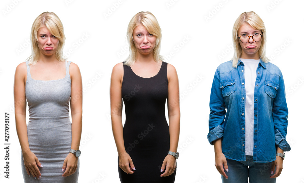 Obraz premium Collage of beautiful blonde woman over isolated background depressed and worry for distress, crying angry and afraid. Sad expression.