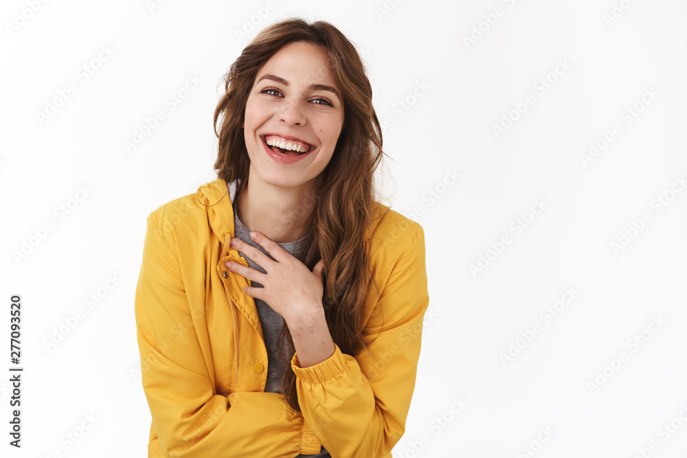 Haha funny story. Amused carefree friendly young tender pretty girl having fun laughing joyfully touch chest giggling stand-up comedy performance standing white background entertained upbeat mood Stock Photo | Adobe Stock Haha funny story. Amused carefree friendly young tender pretty girl having fun laughing joyfully touch chest giggling stand-up comedy performance standing white background entertained upbeat mood Stock Photo | Adobe Stock