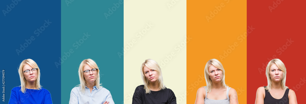 Collage of beautiful blonde woman over colorful vintage isolated background skeptic and nervous, disapproving expression on face with crossed arms. Negative person.