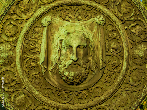 Details of the Monument to Minin and Pozharsky in front of St. Basil's Cathedral on the Red Square. In Moscow, Russia