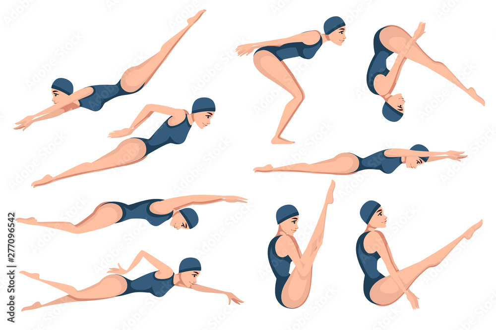 Set of athlete woman in blue swimsuit swimming in different style cartoon character design flat vector illustration on white background