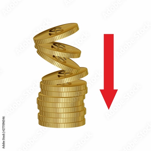 Stack of Dollar coins with red down arrow icon,vector