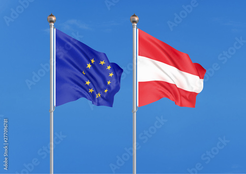 European Union vs Austria. Thick colored silky flags of European Union and Austria. 3D illustration on sky background. - Illustration