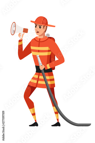 Adult male firefighter stand on ground wearing fireproof form holds a fire hose and speaks into a loudspeaker cartoon character design flat vector illustration