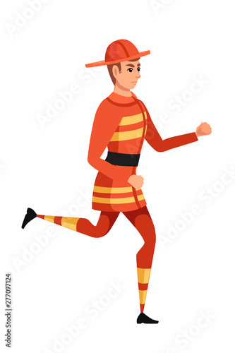 Adult male firefighter running on ground wearing fireproof form cartoon character design flat vector illustration