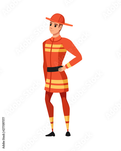 Adult male firefighter stand on ground wearing fireproof form cartoon character design flat vector illustration