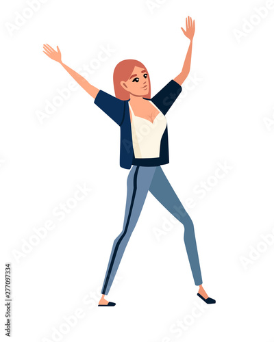 Happy woman in sport casual clothes with up raised arms cartoon character design flat vector illustration isolated on white background
