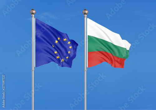 European Union vs Bulgaria. Thick colored silky flags of European Union and Bulgaria. 3D illustration on sky background. - Illustration
