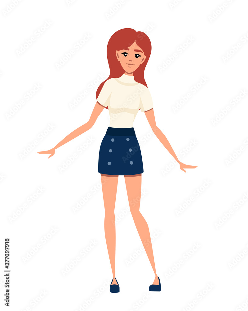 Young woman wearing casual clothes spread her hands cartoon character design flat vector illustration isolated on white background Young woman wearing casual clothes spread her hands cartoon character design flat vector illustration isolated on white background