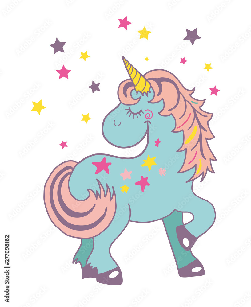 funny and hapy colored cartoon style unicorn with stars