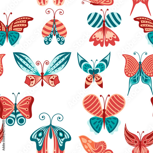 Seamless pattern of abstract colorful decorative butterfly mint, coral and turquoise color flat vector illustration on white background