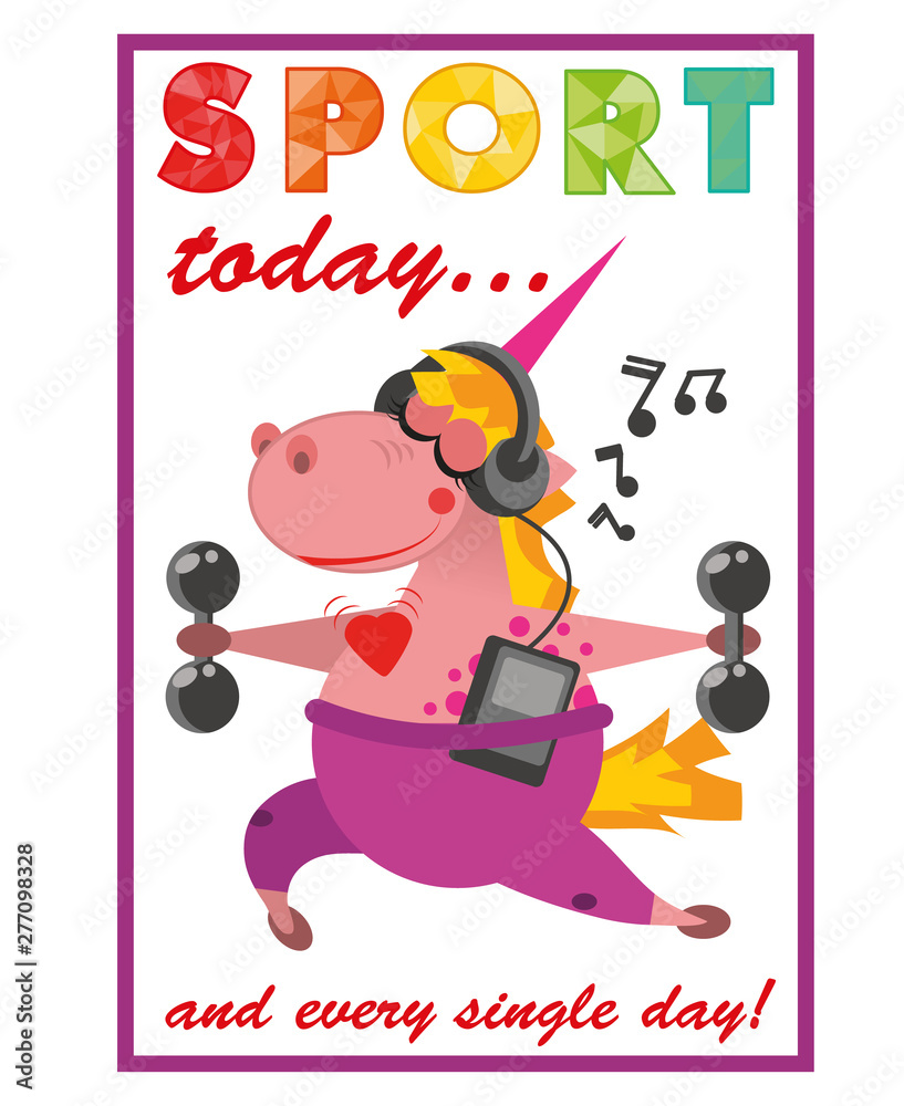 funny and happy colored cartoon style unicorn doing sports