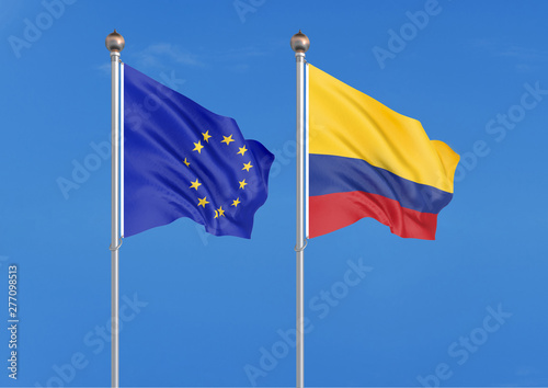 European Union vs Colombia. Thick colored silky flags of European Union and Colombia. 3D illustration on sky background. - Illustration