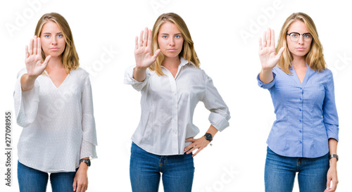 Collage of beautiful blonde business woman over white isolated background doing stop sing with palm of the hand. Warning expression with negative and serious gesture on the face.