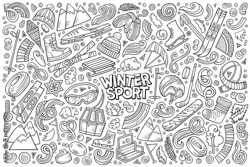 doodle cartoon set of Winter sports objects and symbols
