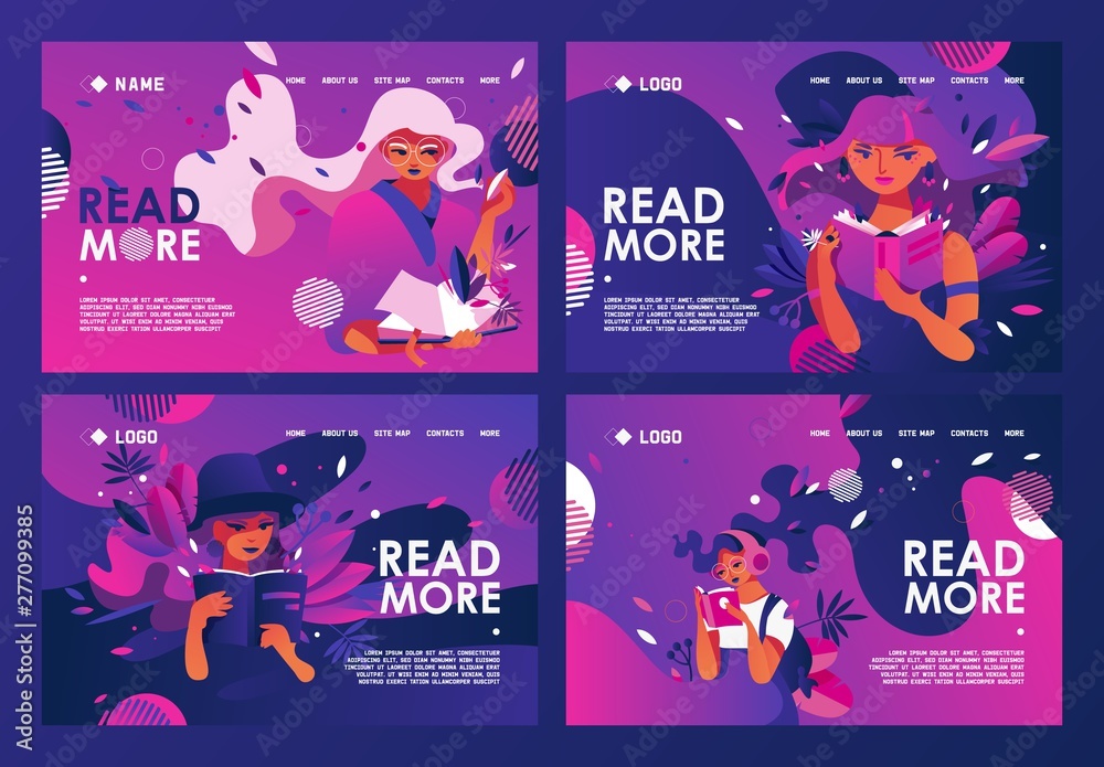 Educative banners set or landing page templates good for library or reading book clubs, fan club of traditional reading, discussion groups in vivid purple and pink colors. Flat characters on dark
