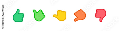 Vector feedback survey flat icon set. Five color hand thumb up and down symbol isolated on white background. Design element for marketing research, client testimonail, questionnaire response, web