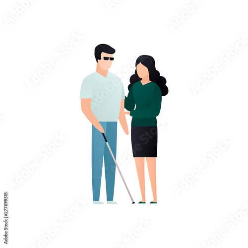 Vector blind character people flat illustration. Adult woman help of a man in glasses with stick isolated on white background. Modern design element for social care service, diversity, accessebility
