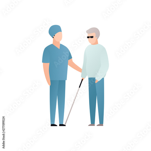 Vector blind character people flat illustration. Medical worker in uniform care of senior man with glasses and stick isolated on white. Modern design element for healthcare service, accessebility