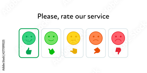 Vector feedback survey flat icon set. Five color smile with hand thumb sign buttons isolated on white. Design element for marketing research, client testimonail, questionnaire response, web