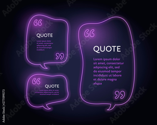 Set of vector neon glowing quote frame template. Retro style illuminated pink talk bubbles for citation quotes isolated on black. Design form element for media, flyer, presentation, citation, comment
