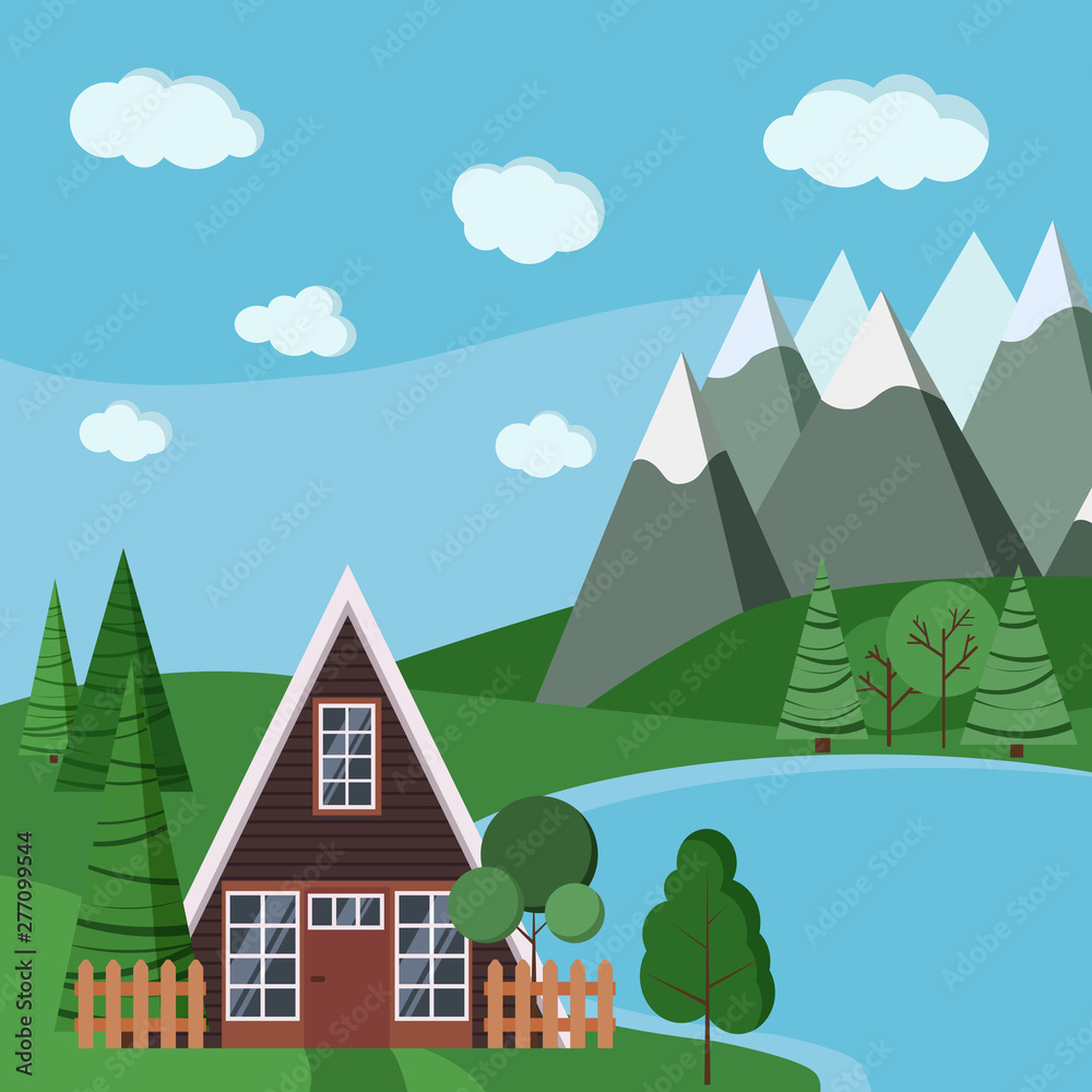 Summer or spring landscape scene with a-frame house with fences, green trees, spruce, clouds, road, mountains and lake