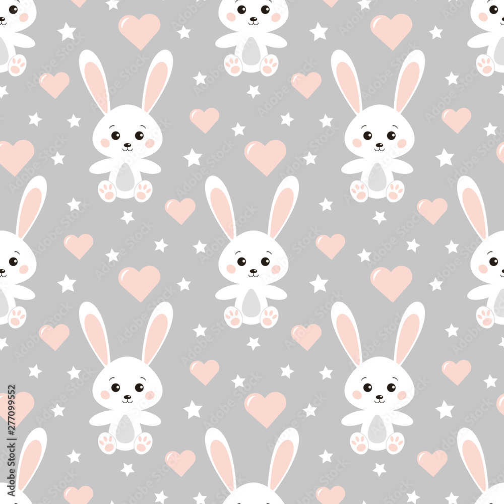 Vector seamless lovely romantic pattern with cute rabbits, hearts, stars on grey background. Vector seamless lovely romantic pattern with cute rabbits, hearts, stars on grey background.