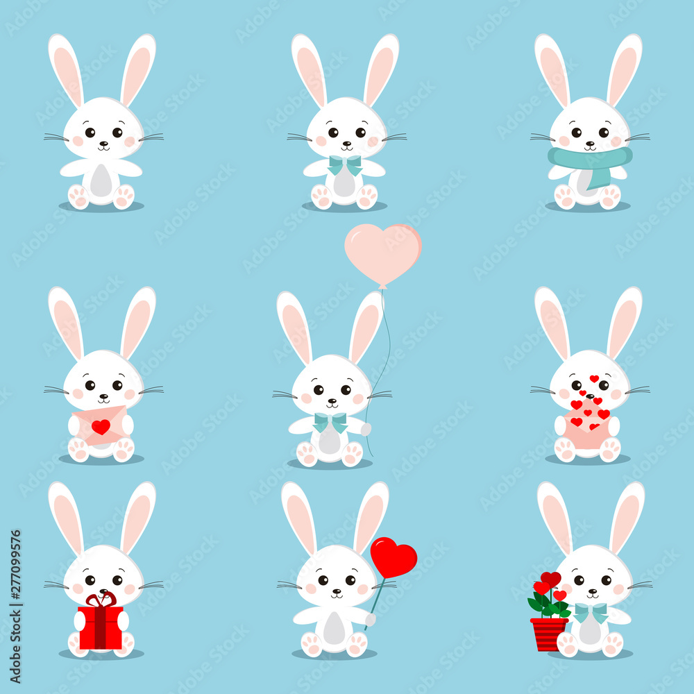 Set of cute white rabbits in sitting pose with different things in its paws Set of cute white rabbits in sitting pose with different things in its paws